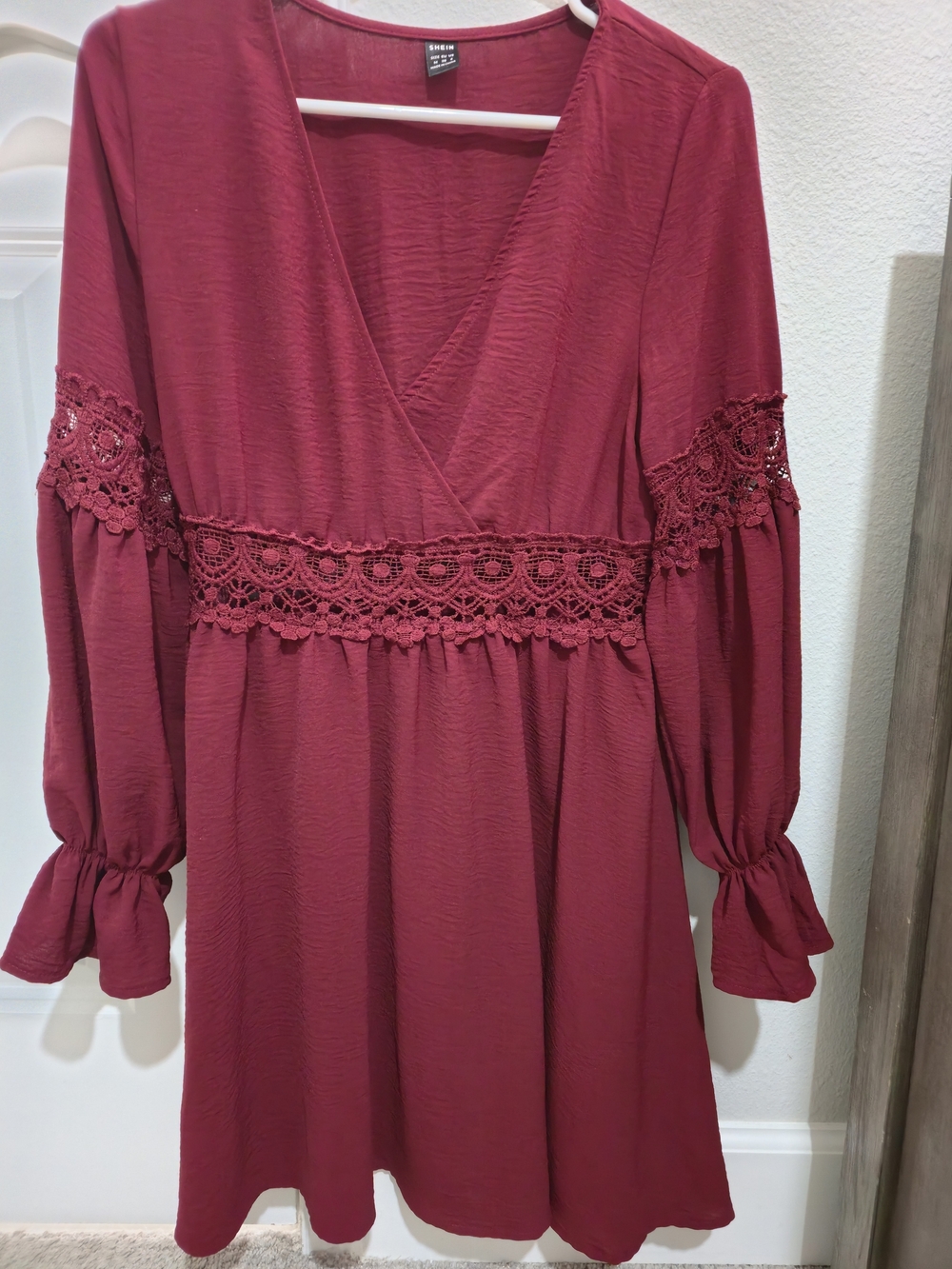 SHEIN Burgundy Lace-Trim Long Sleeve Dress